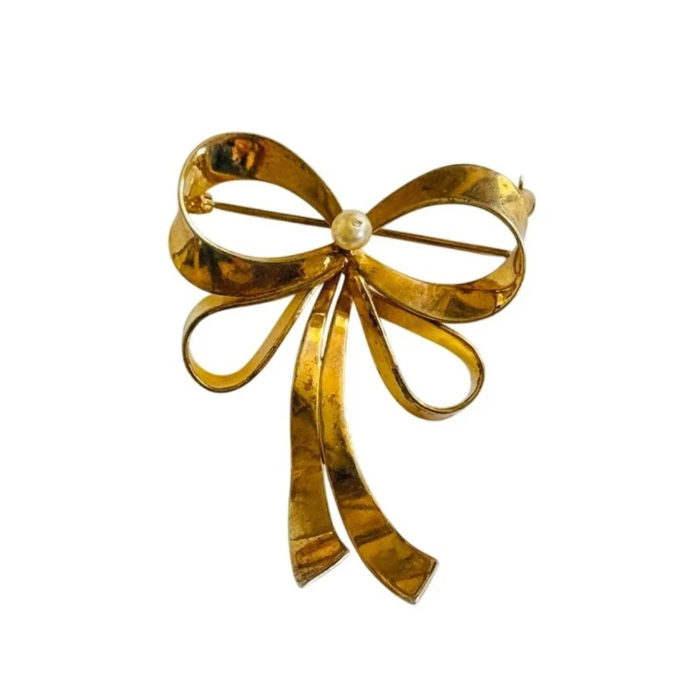 French Art Deco Bow Golden ribbon Brooch Pin VTG Vermeil Sterling‎ 925 2.25